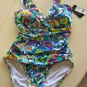 Lauren Ralph Lauren Women’s Underwire Tummy Control Twist Front V Ruffle SZ 14